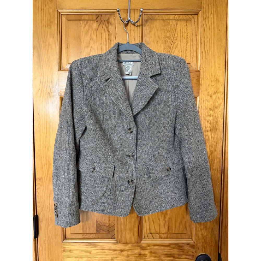 LL Bean Womens Gray Herringbone Wool Silk Blend Blazer Jacket Size S Small OFHC5